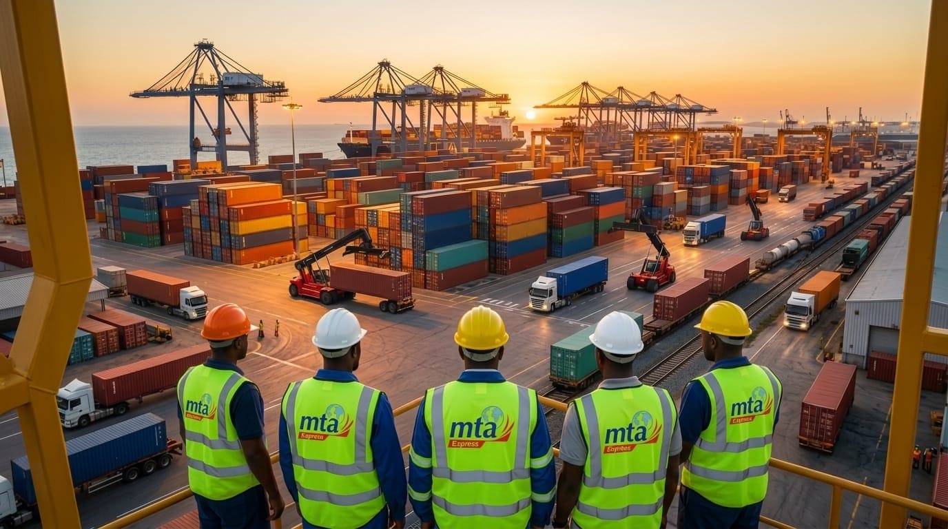 Équipe logistique MTA face au port maritime
