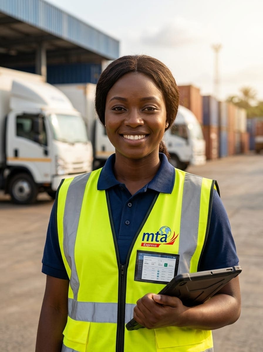 Jeune professionnelle logistique MTA Express en chasuble haute visibilité