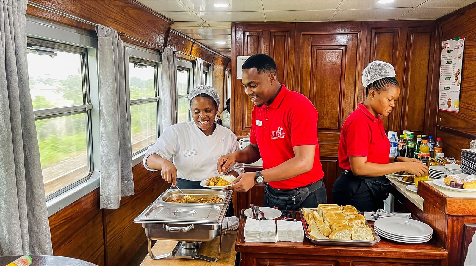 Équipe MTA Express servant les repas à bord d'un train CAMRAIL