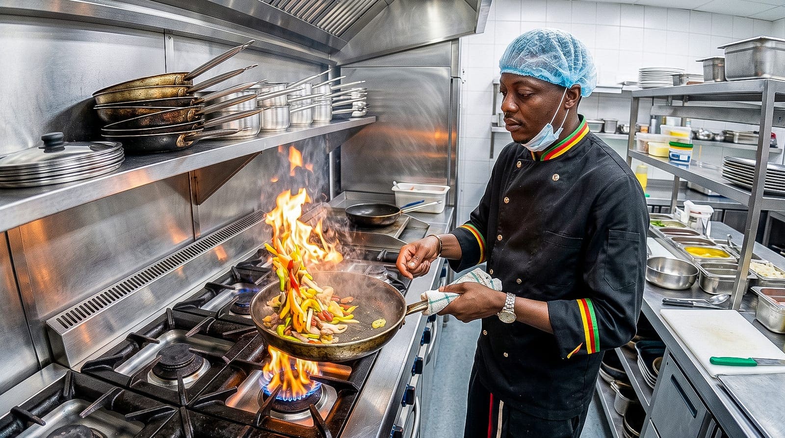 Cuisinier MTA Express faisant sauter des légumes à la flamme en cuisine professionnelle