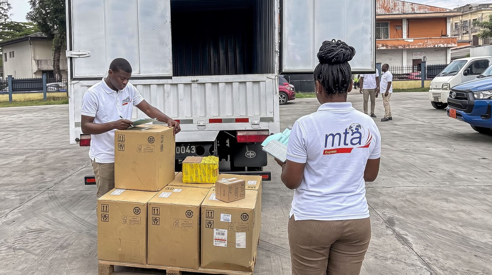Agents MTA Express en polo contrôlant des colis avant leur chargement dans un camion